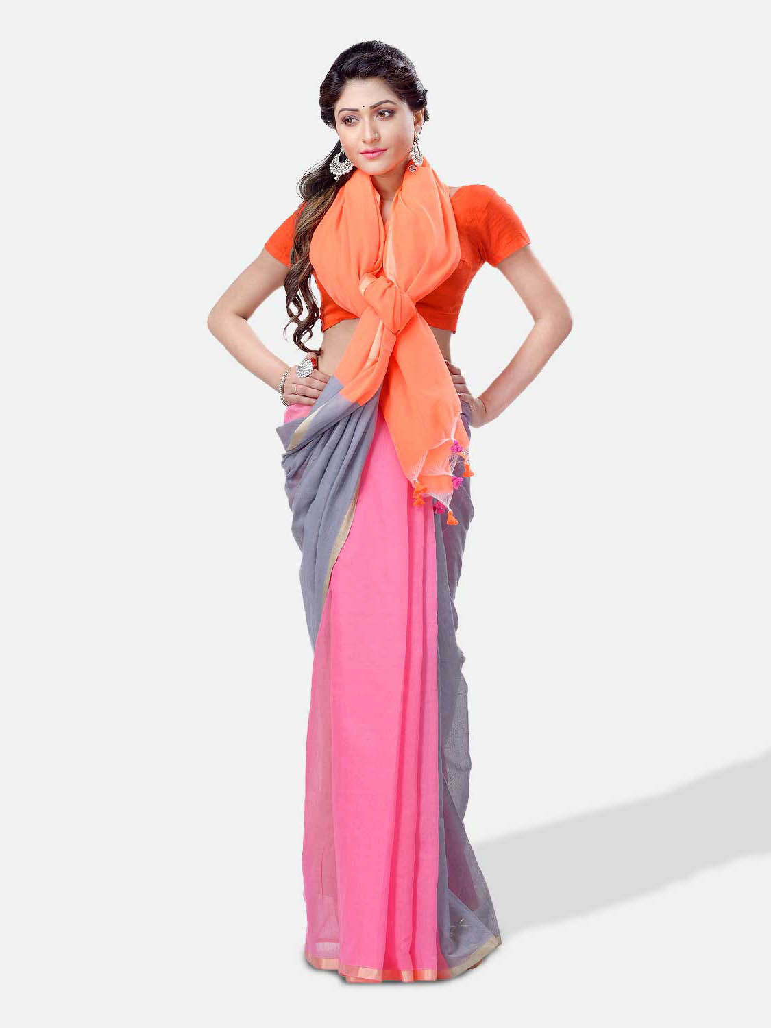 Women`s Cotton Silk and Bengal Soft Khadi Cotton Mix Ghicha Handloom Saree With Blouse Piece (Orange Grey Pink)   